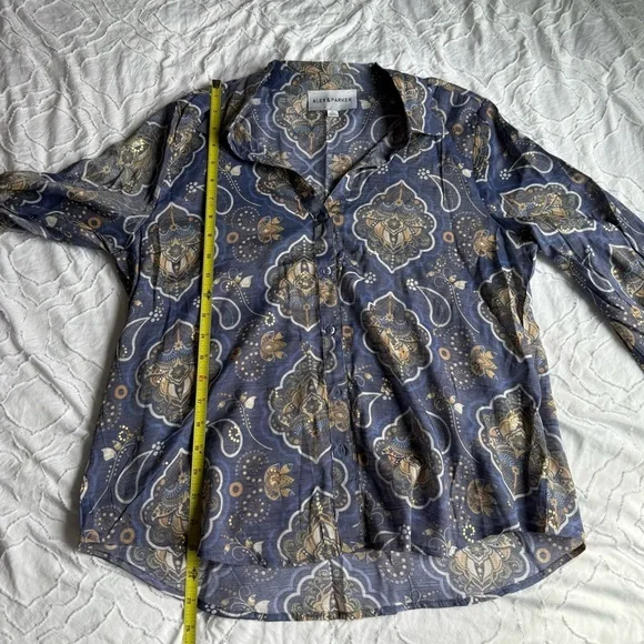 Alex & Parker Blue Tan Paisley Blouse Button Down Top - Picture 5 of 8